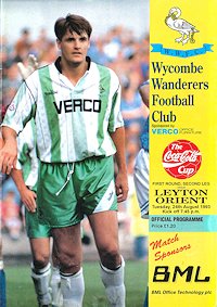 Wycombe  v Leyton Orient programme - 24 August 1993 - Matt Crossley on the front cover