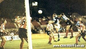 Keith Scott heads home Wycombe's first goal at Griffin Park - Brentford v Wycombe 9th November 1993 - picture Paul Dennis