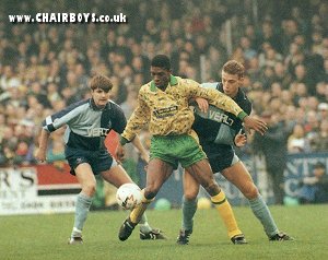 Matt Crossley and Simon Stapleton close in on Norwich's Efan Ekoku - 8th January 1994 - Picture Brian Southam from Wycombe programme