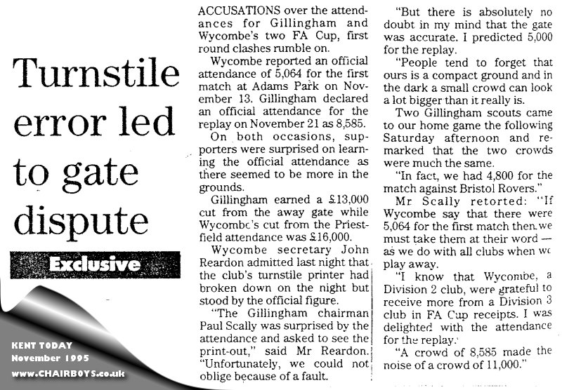 Wycombe/Gillingham gate dispute article from Kent Today