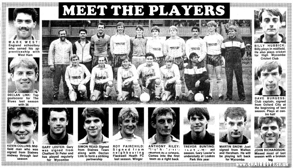 Wycombe Wanderers team photo and player profiles from Wycombe Observer August 1985