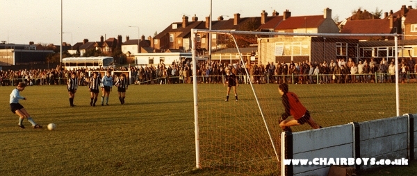 Bobby Dell drags his penalty wide at Eastwood v Wycombe - October 1983 - picture chairboys.co.uk