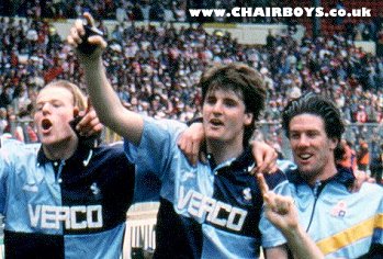 Keith Ryan, Matt Croslley and Andy Robinson celebrate at Wembley 1991