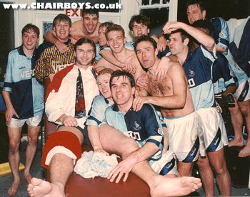 Wanderers celebrate in the dressing room. Players from the back row, left to right, Steve Guppy, Paul Hyde, Jason Cousins, Dave Carroll, Simon Stapleton, Matt Crossley, Duncan Horton, Andy Kerr (hidden), Simon Garner. At the front are Terry Evans (injured), Keith Ryan, Tim Langford and Steve Thompson. Picture: Paul Dennis
