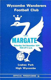 Wycombe v Margate programme cover - 2 November 1974 - Cover price is 5p