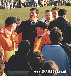 Lawrie Sanchez consults the fans at Saltergate
