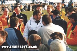 Lawrie Sanchez listens to the fans at Saltergate