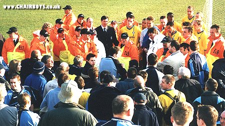 Lawrie Sanchez listens to the fans at Saltergate