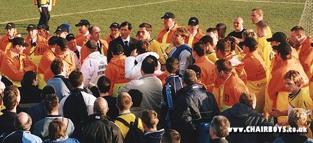 Lawrie Sanchez listens to the fans at Saltergate