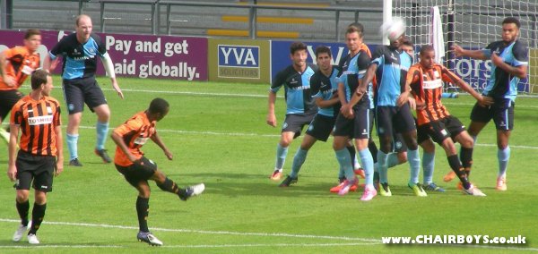 Wanderers defend a Barnet free-kick with triallist Aaron Holloway in the wall