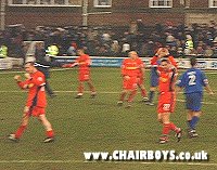 Steve Guppy and Steve Claridge celebrate after the final whistle at Shrewsbury