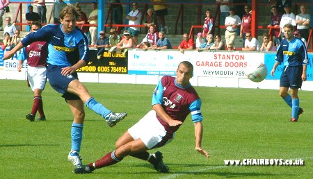 Triallist Luke Burgess gets in a second-half shot against Weymouth