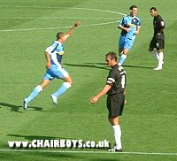 Nathan Tyson celebrates his goal against Barnet