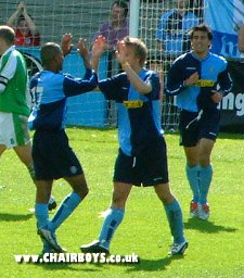 Kieron Gradwell celebrates with Shahed Ahmed afte scoring Wycombe's second goal